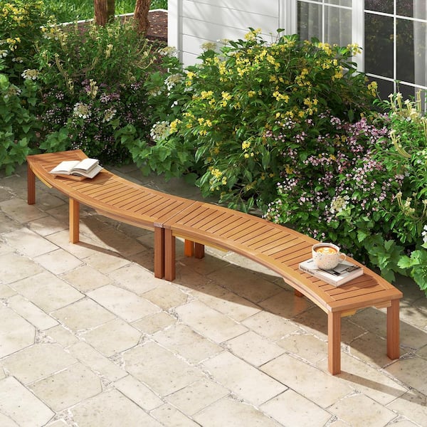 ANGELES HOME 58 in. L 3-Person Natural Acacia Wood Outdoor Bench, 800 lbs Weight Capacity, Curved Seat (2-Pcs)