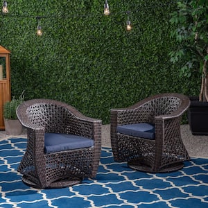 Big Sur Multi-Brown Swivel Faux Rattan Outdoor Lounge Chair with Navy Blue Cushion (2-Pack)