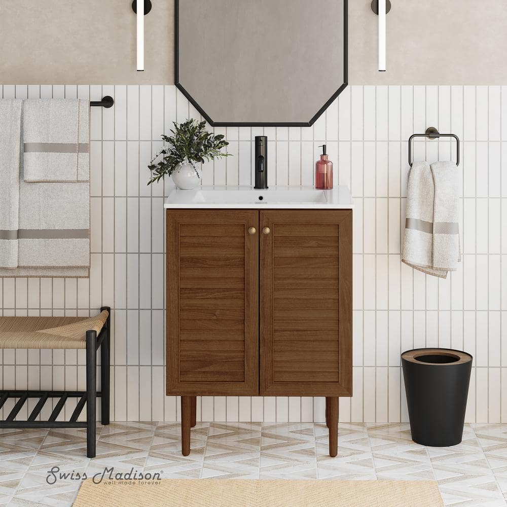 Bron 24" Brown Oak Freestanding Bathroom Vanity with White Sink Top