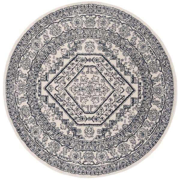 Adirondack Ivory/Navy 10 ft. x 10 ft. Border Medallion Round Area Rug