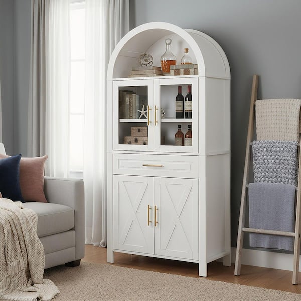 Marissa Farmhouse White+White 71 in. Tall Arched Kitchen Pantry Cabinet with Glass Door, Adjustable Shelves, Barn Door