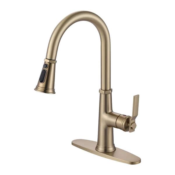 VEVETTA 17 in. H Single Handle Pull Down Sprayer Kitchen Faucet with 3-Spray and 360° Spout Swivel Mode in Gold