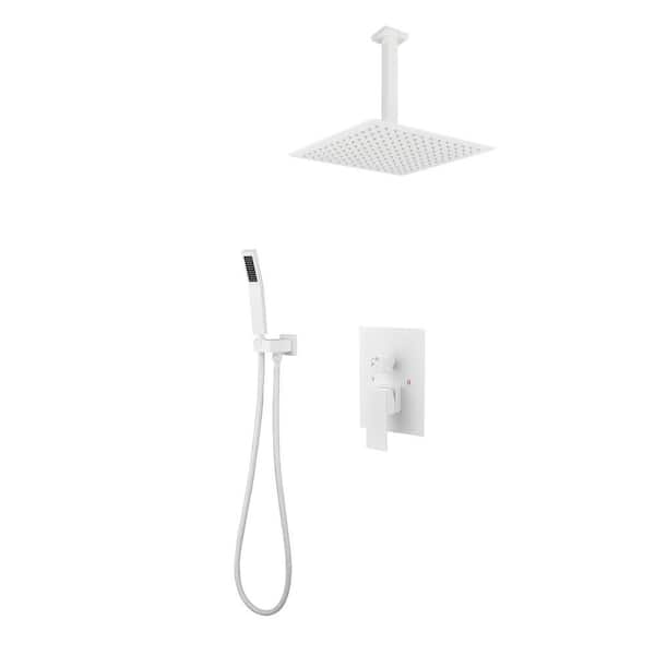 WELLFOR 2-Spray Patterns 2.5 GPM 12 in. Ceiling Mount Dual Shower Heads Fixed and Handheld Shower Head in White (Valve Included)