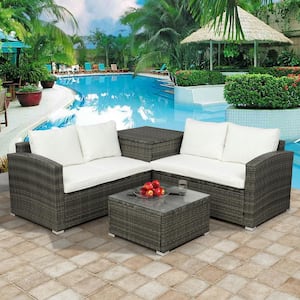 4-Piece PE Rattan Wicker Outdoor Conversation Set with Sofa, Table & Storage Box Patio Furniture Set with Beige Cushions