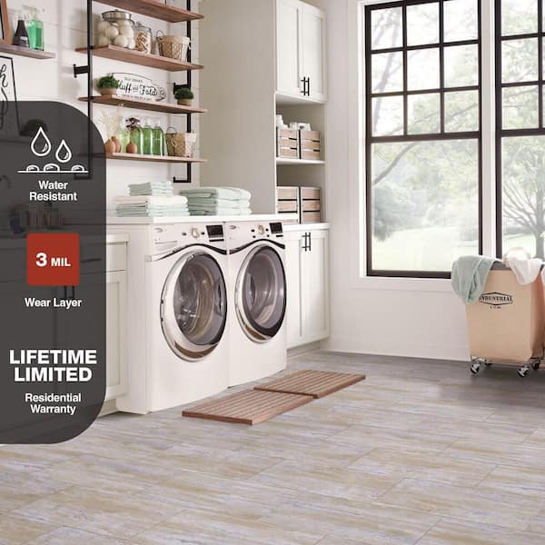 Golden Travertine 3 mil x 24 in. W x 12 in.L Peel and Stick Water Resistant Vinyl Tile Flooring (30 sq. ft.)