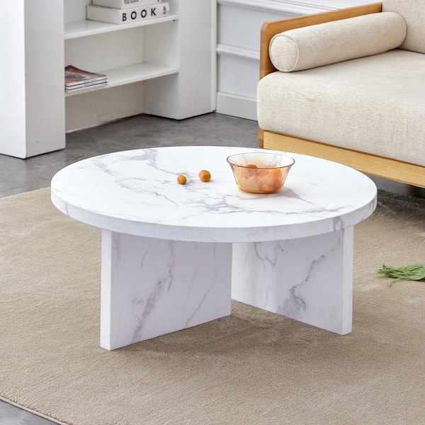 Zeus & Ruta 31.4 in. Diameter White MDF Round Patterned Coffee Table for Living Room