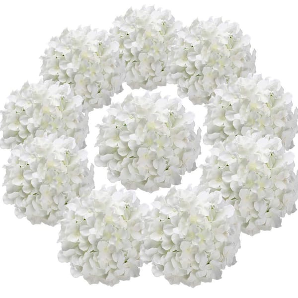 Unbranded Silk 13 in. White Artificial Hydrangea Flower Heads with Stems for Home Wedding Decor (Pack of 10)
