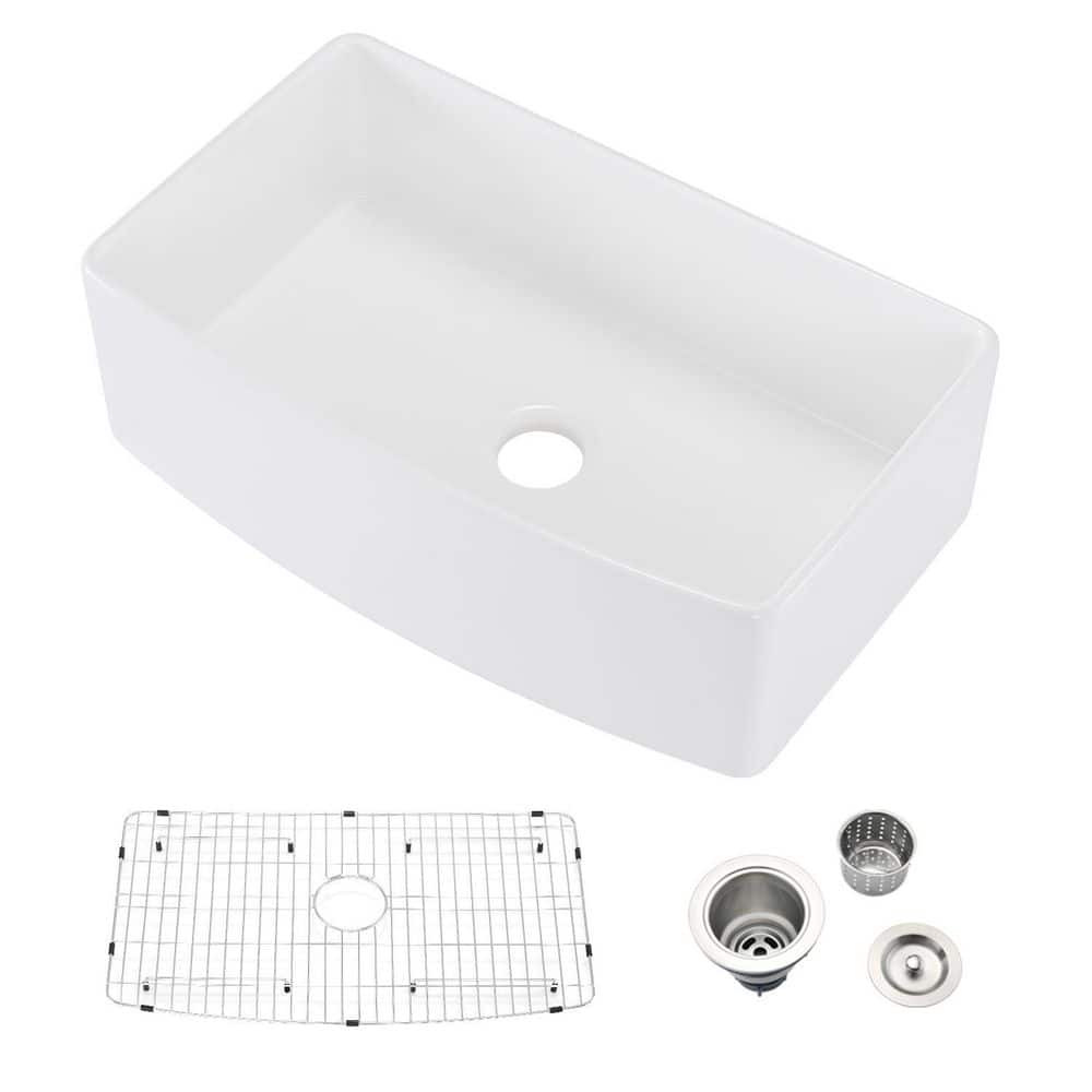 White Fireclay, 33 in. x 20 in. Single Bowl Farmhouse Apron Kitchen Sink with Bottom Grid 2022