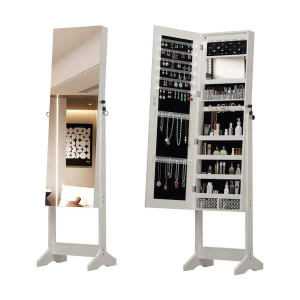 White 16.1 in. W x 63.5 in. H Wood Full-Length Mirror Jewelry Cabinet with Lockable Storage for Dressing Areas