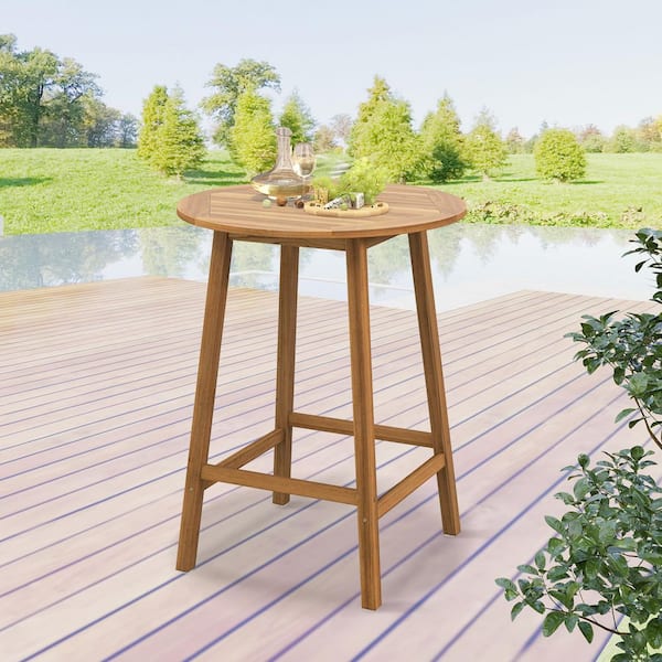 31.5 in. Round Acacia Wood Outdoor Bar Table with Umbrella Hole, Footrest and Slatted Tabletop