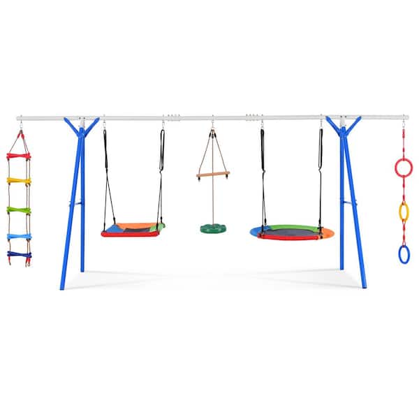 Unbranded Blue 5 in 1 Outdoor Playground Swing Set with Steel Frame, Climbing Ladder, Saucer, Monkey Bar, Disc Swing, Swing Ring