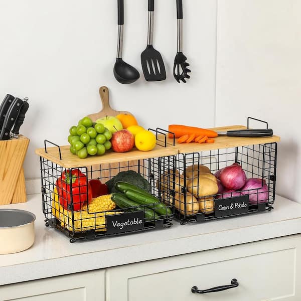 2 Set XL Stackable Wire Basket with Bamboo Tops and Tags-Pantry Organizer and Storage Bins for Kitchen Counter in Black
