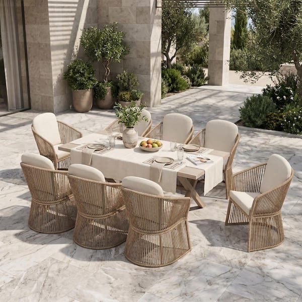 9-Piece Woven Rope Wicker Outdoor Dining Set, Wicker Chairs & Wood Table, with Beige Cushion