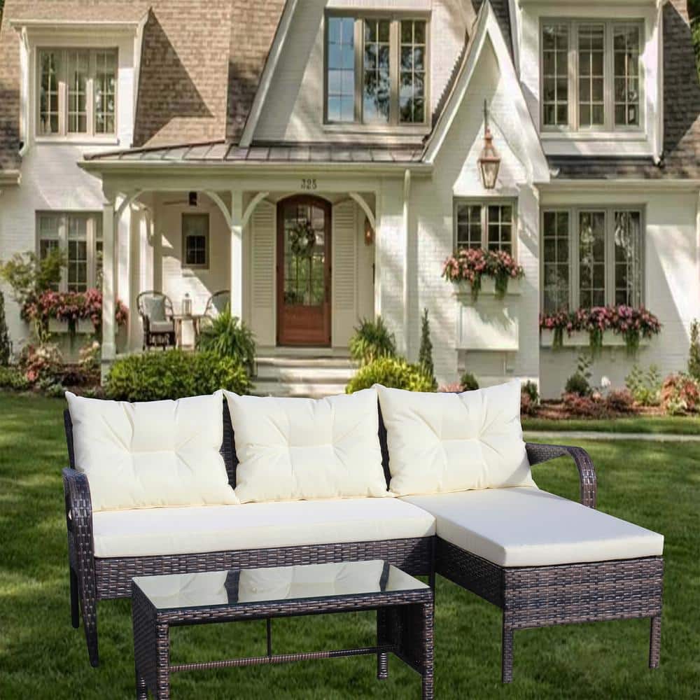 3-Piece Wicker Patio Conversation Set with Beige Cushions price history on PriceWatchPro