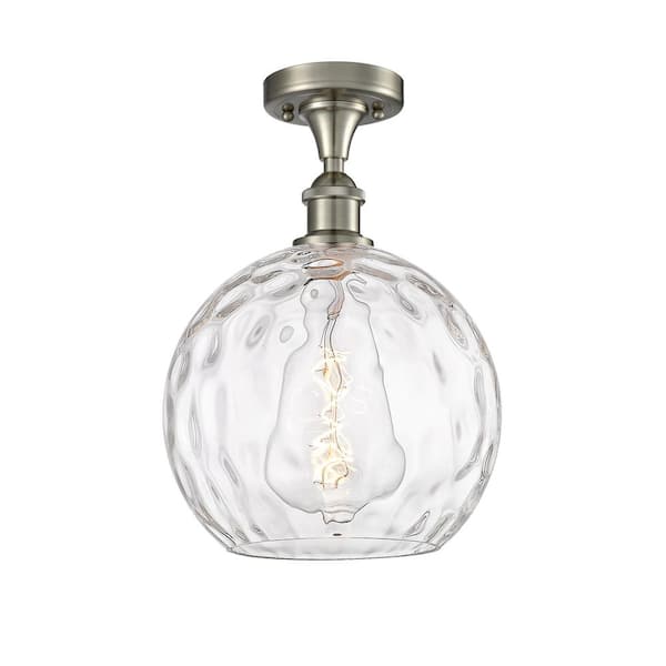Athens Water Glass 10 in. 1-Light Satin Nickel Industrial Semi-Flush Mount with Clear Glass Shade