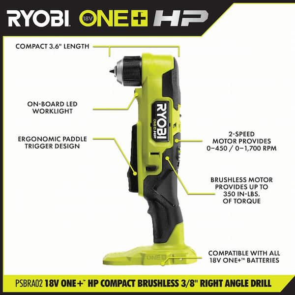 RYOBI ONE+ HP 18V Brushless Cordless Compact 3/8 in. Right Angle Drill (Tool  Only) PSBRA02B - The Home Depot