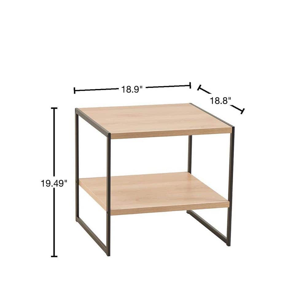 Natural Wood and Black Metal Square Side Table with Storage Shelf