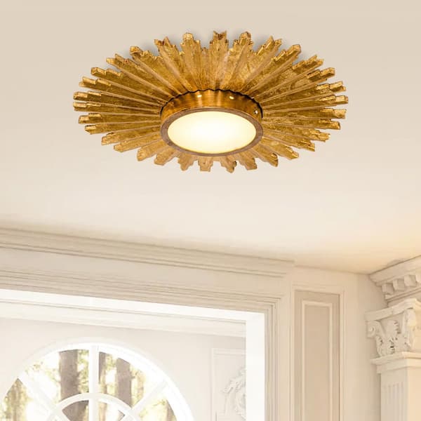 21.65 in. 16-Watt Integrated LED Gilt Wood Sunburst Flush Mount Ceiling Light Fixture