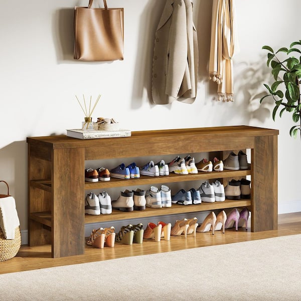 19.7 in. H x 47.2 in. W 15-Pair Brown Wooden Shoe Storage Bench, 3-Tier Shoe Storage Shelf for Entryway, Hallway