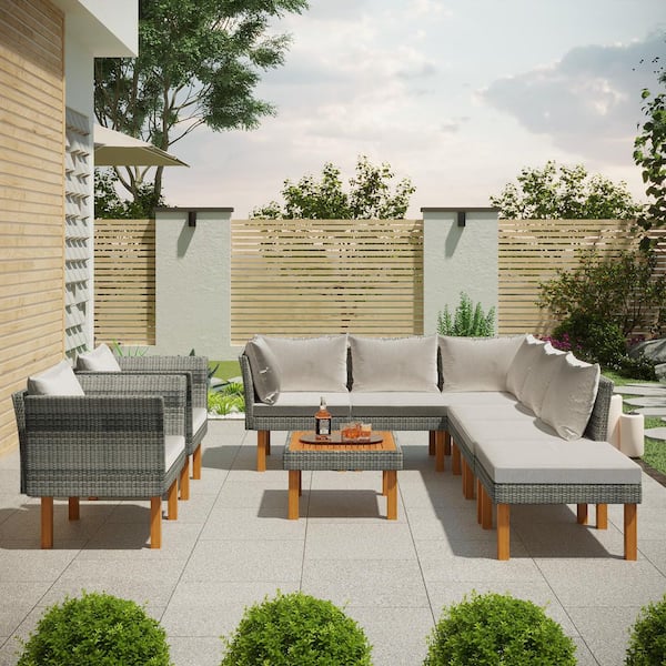 Tunearary Patio 9-Piece Wood Wicker Outdoor Sofa Sectional Set with Beige Cushions Coffee Table