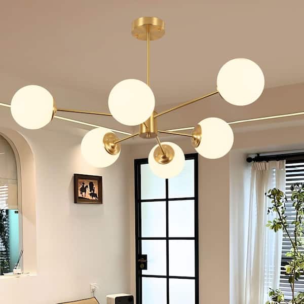 CEDER 6-Light 2-Tierd Brass Branch Modern Sputnik Chandelier with Globle Opal Glass Shades for Living Room