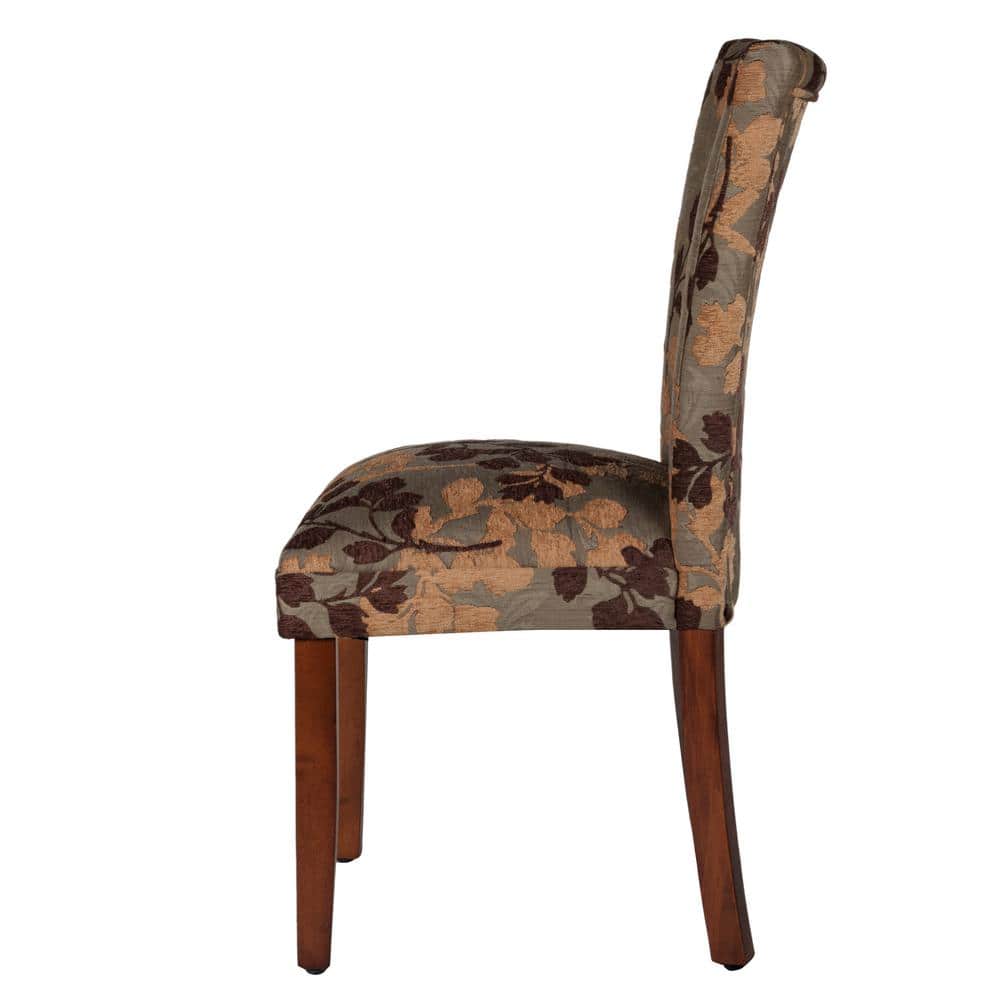 Brown Floral Upholstered Parsons Side Chair with Wood Legs