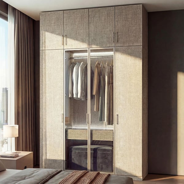 Homsee Beige-A Wood 63 in. Bedroom Armoire with Glass Doors, Top