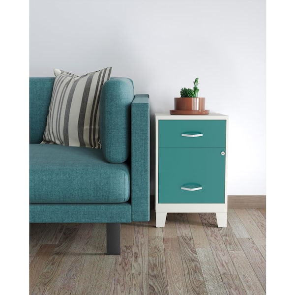 18 in. D 2-Drawer Metal Letter Width 14.25 in. W Vertical File Cabinet w/ Accessory Drawer and Legs, Pearl White/Teal