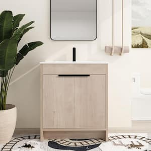 30 in. W x 18.3 in. D x 34.3 in. H Free-standing Bath Vanity in Light Brown with White Ceramic Vanity Top