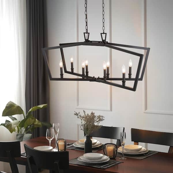Modern Matte Black Candlestick Chandelier, 37 in. 8-Light Farmhouse Island Dining Room Cage Chandelier