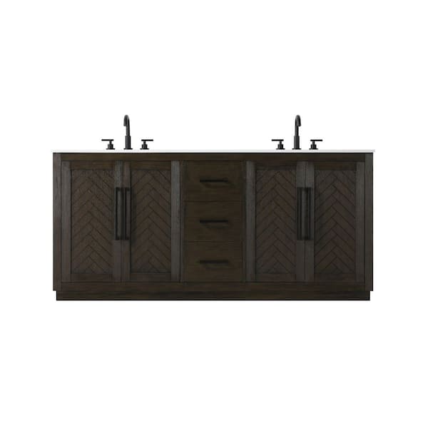 72 in. Double Sink Chocolate Oak Bath Vanity with White Engineered Marble Top