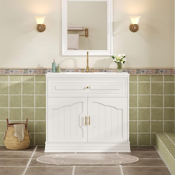 36 in. Freestanding White Bath Vanity with White Ceramic Top Unassembled