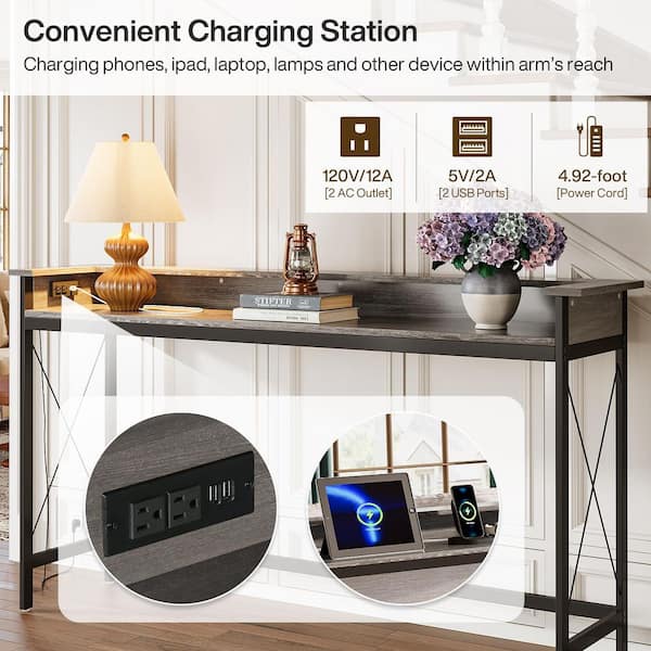 Turrella 70.9 in. Gray Rectangle Wood Console Table with Outlets and USB Ports, Extra Long