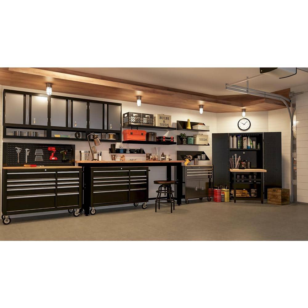 8 ft. Adjustable Height Solid Wood Top Workbench in Black for Ready to Assemble Steel Garage Storage System - 1