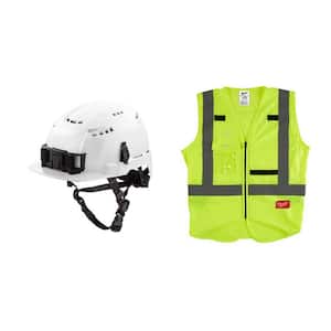BOLT White Type 2 Class C Front Brim Vented Safety Helmet w/Large/XL Yellow Class 2 High Vis. Safety Vest w/10-Pockets