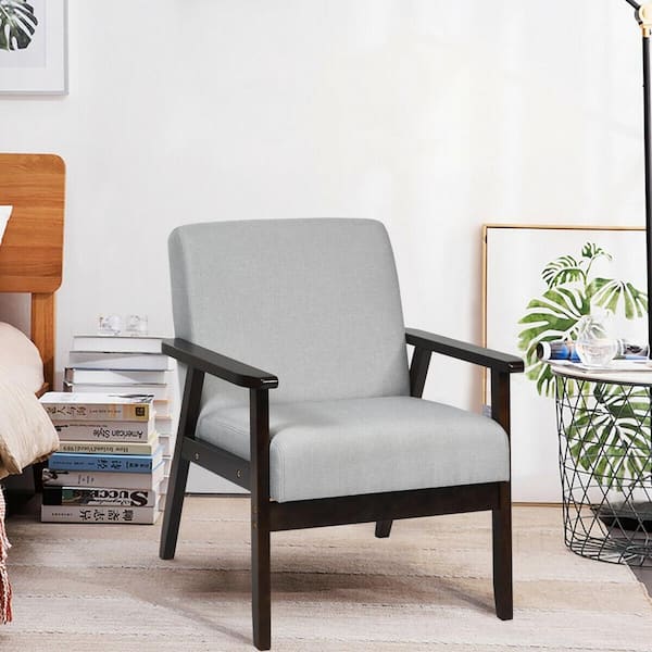 Light Gray Solid Rubber Wood Upholstered Accent Arm Chair