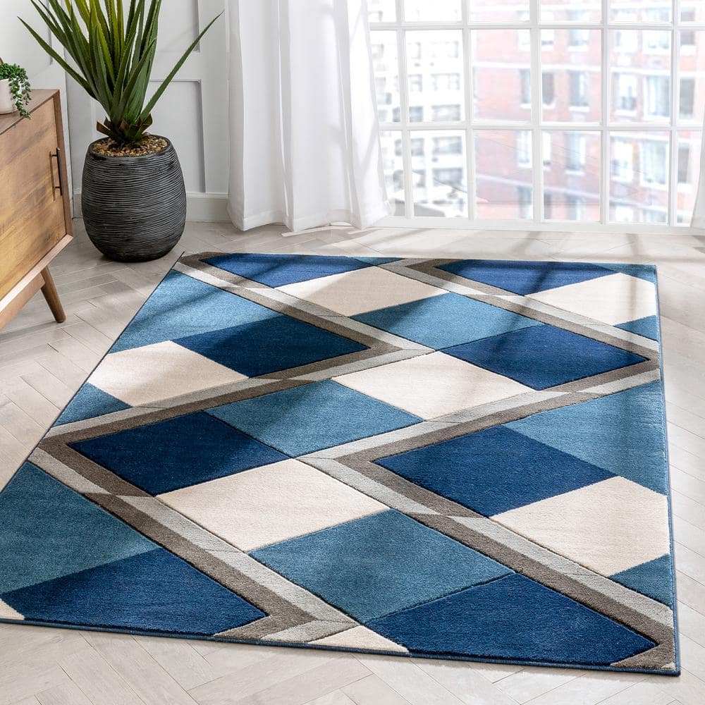 Modern Geometric Blue Synthetic 5' x 7' Easy-Care Area Rug