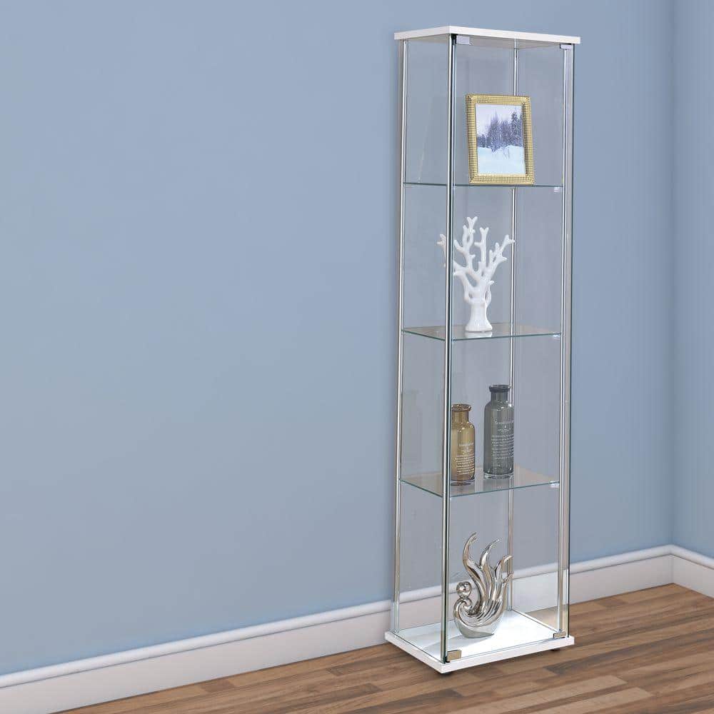 Tall White and Chrome Glass Curio Cabinet with Shelves