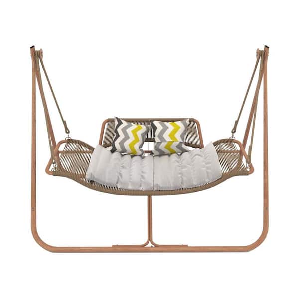 Zeus & Ruta 70 in. Anti-Rust Wood Hammock Swing Chair with Stand for Patio, Balcony