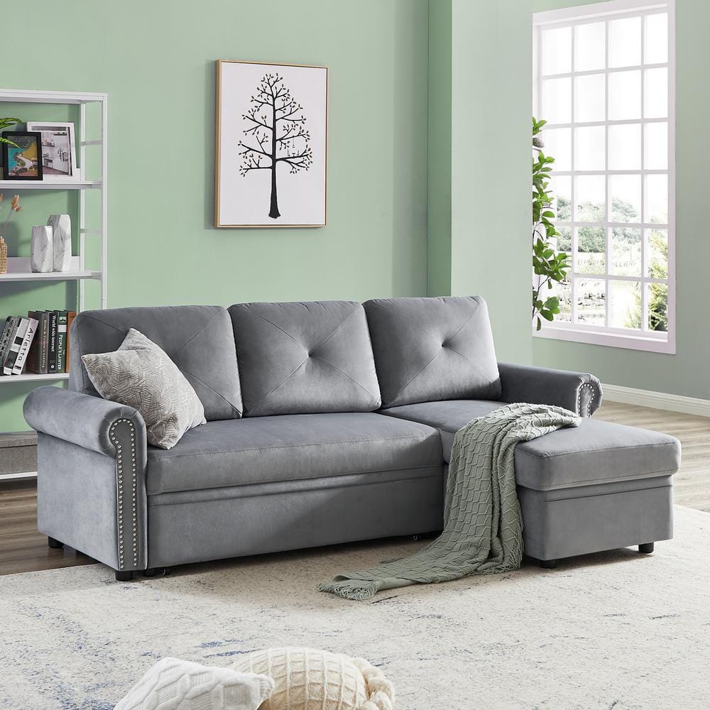 GOSALMON 83 in. W Gray Velvet Twin Size Sofa Bed Convertible Sectional ...