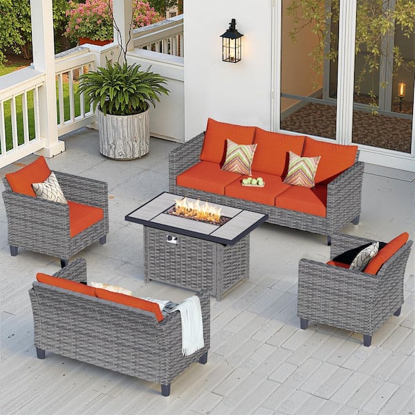 OVIOS New Star Gray 5-Piece Wicker Patio Rectangle Fire Pit Conversation Seating Set with Orange Red Cushions