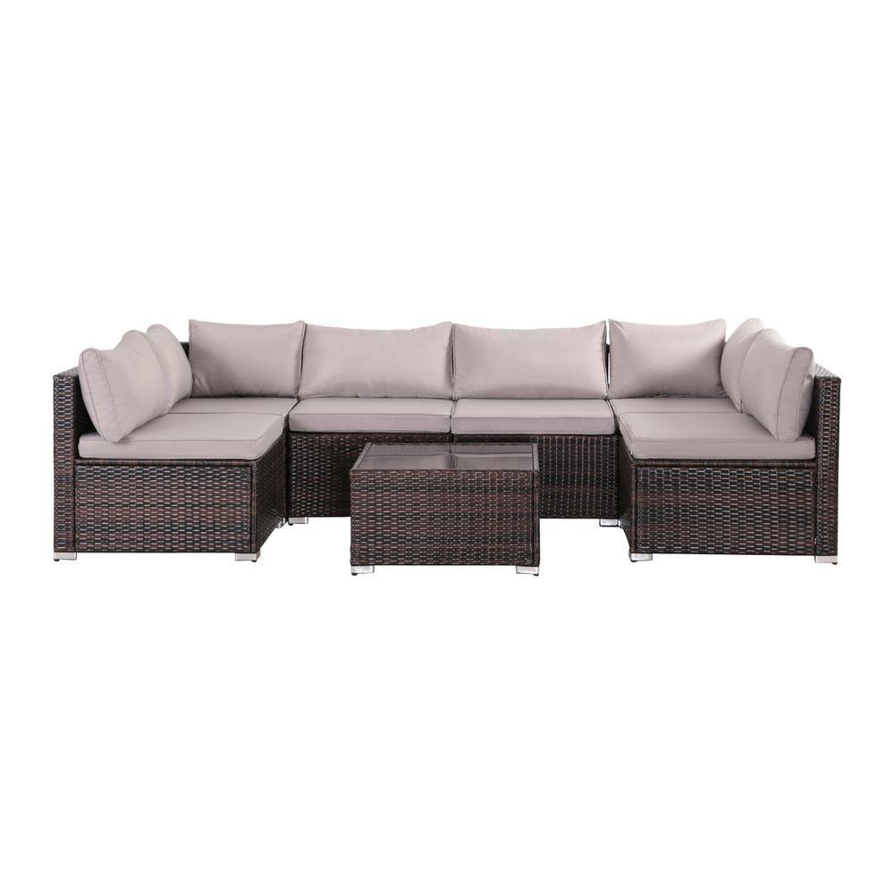 Brown 7-Piece Wicker Outdoor Patio Conversation Sectional Sofa Seating Set with Gray Cushions and Pillow price history on PriceWatchPro