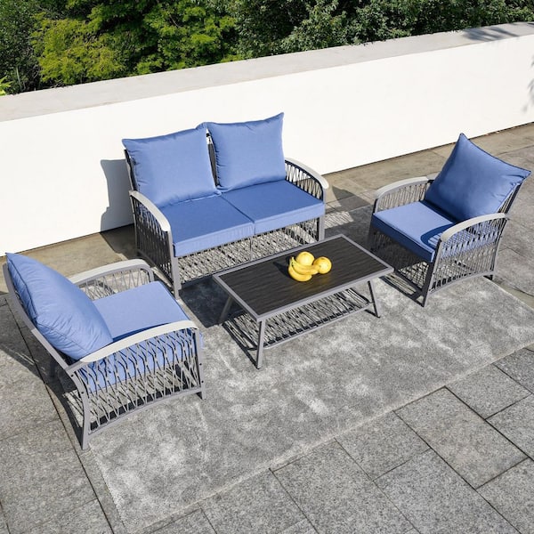 Tenleaf 4-Piece Metal Outdoor Sofa Sectional Set Patio Furniture Set Conversation Set with Blue Cushions
