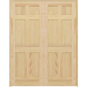 48 in. x 80 in. Universal 6-Panel Unfinished Pine Wood Double Prehung Interior French Door with Nickel Hinges