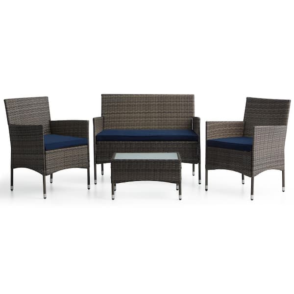 Brookside Iris Gray 4-Piece Rattan Outdoor Conversation Seating Set and Patio Table with Navy Cushions