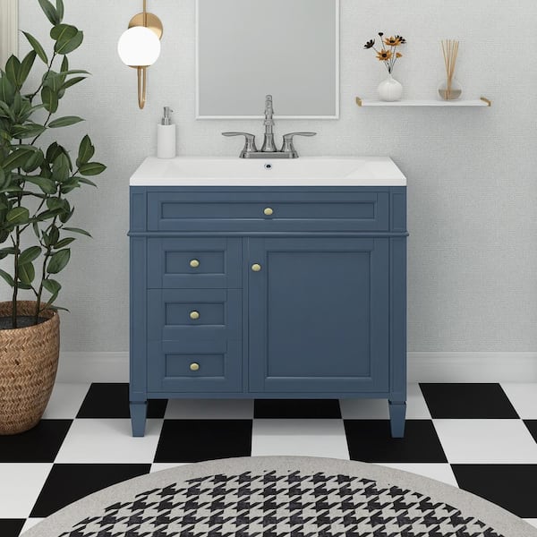 Staykiwi 36 in. W. x 18 in. D x 34 in. H Single Sink Freestanding Bath Vanity in Dark Blue with White Resin Top