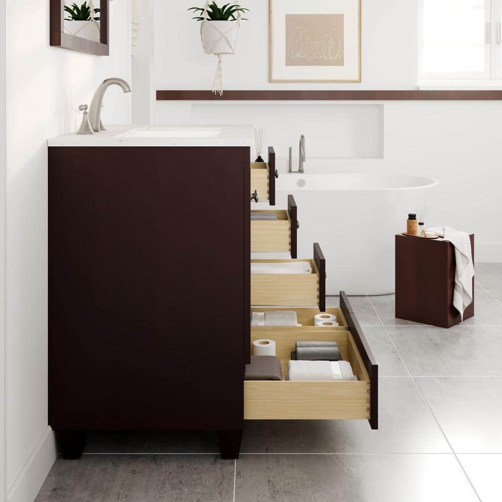 Acclaim 30" Teak Bathroom Vanity with White Quartz Top