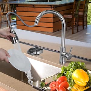 Single Handle Pull Down Sprayer Kitchen Faucet with Glass Rinser in Brushed Nickel