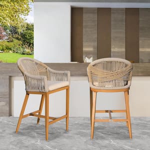 Round Wood Outdoor Bar Stool with Beige Cushion (2-Pack)