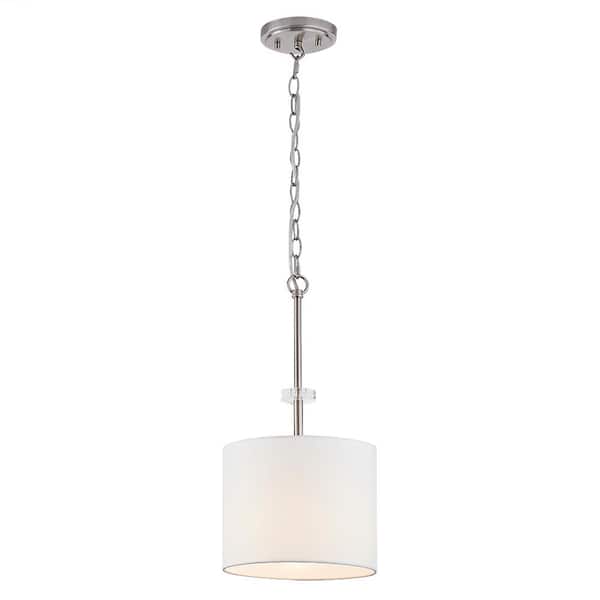 Home Decorators Collection Dawson 1-Light Brushed Nickel Finish Shaded Pendant Light with White Drum Fabric Shade